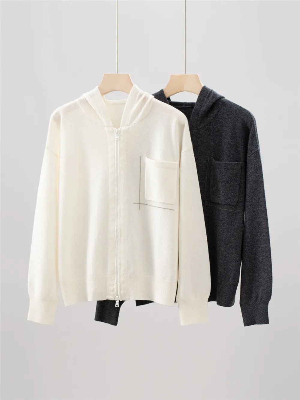 25New Top casual da donna con cardigan con cerniera e cappuccio lavorato a maglia con tasca a catena con perline di cashmere - StepByStepNow