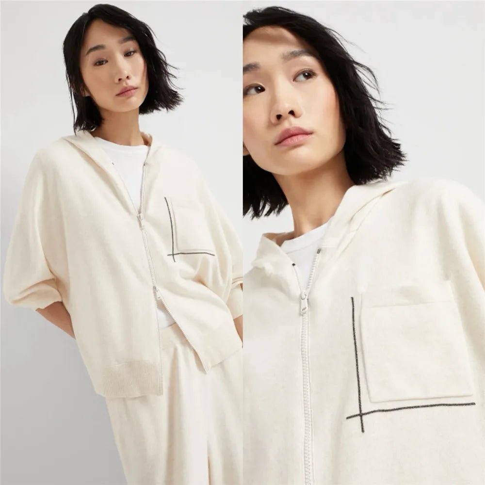 25New Top casual da donna con cardigan con cerniera e cappuccio lavorato a maglia con tasca a catena con perline di cashmere - StepByStepNow