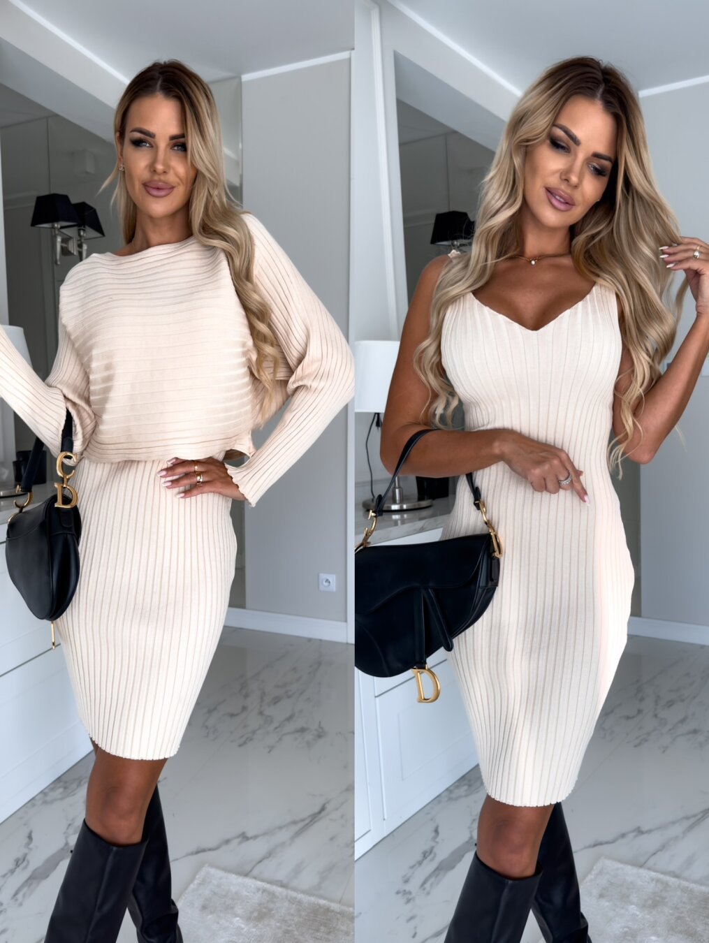 2pcs Suit Women's Solid Stripe Long - sleeved Top And Tight Suspender Skirt Fashion Autumn Winter Slim Clothing - StepByStepNow