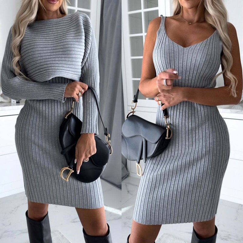 2pcs Suit Women's Solid Stripe Long - sleeved Top And Tight Suspender Skirt Fashion Autumn Winter Slim Clothing - StepByStepNow