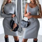 2pcs Suit Women's Solid Stripe Long - sleeved Top And Tight Suspender Skirt Fashion Autumn Winter Slim Clothing - StepByStepNow