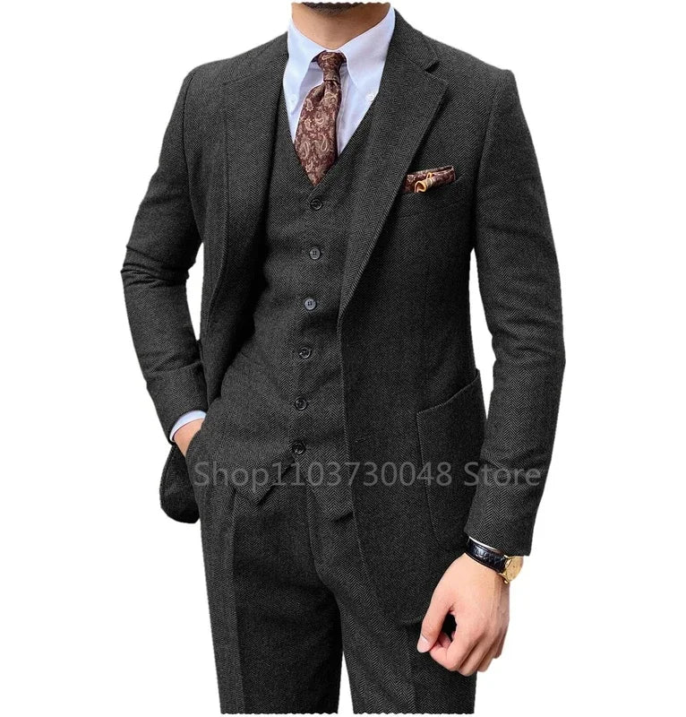 3 pezzi grigio/marrone da uomo in tweed a spina di pesce abito da sposa smoking da ballo con risvolto a punta tweed per affari slim fit (giacca + gilet + pantaloni) - StepByStepNow