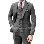 3 pezzi grigio/marrone da uomo in tweed a spina di pesce abito da sposa smoking da ballo con risvolto a punta tweed per affari slim fit (giacca + gilet + pantaloni) - StepByStepNow