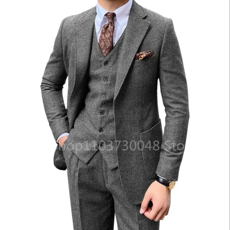 3 pezzi grigio/marrone da uomo in tweed a spina di pesce abito da sposa smoking da ballo con risvolto a punta tweed per affari slim fit (giacca + gilet + pantaloni) - StepByStepNow