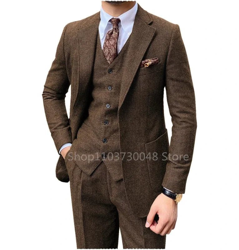 3 pezzi grigio/marrone da uomo in tweed a spina di pesce abito da sposa smoking da ballo con risvolto a punta tweed per affari slim fit (giacca + gilet + pantaloni) - StepByStepNow