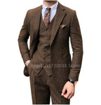 3 pezzi grigio/marrone da uomo in tweed a spina di pesce abito da sposa smoking da ballo con risvolto a punta tweed per affari slim fit (giacca + gilet + pantaloni) - StepByStepNow