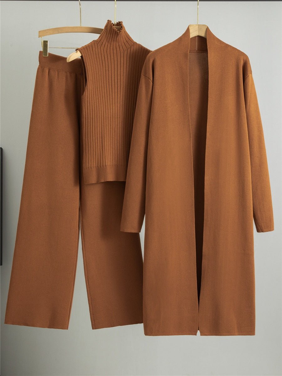 3pcs Suits Women Fashion Knitting Sleeveless Vest Sweater Long Cardigan And Wide-leg Pants Three-piece Set - StepByStepNow