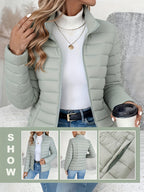 Women's Autumn Loose Winter Lightweight Warm Solid Color Coat - Elegant Fashion Versatile Beautiful Jacket - Stand Collar Zipper Long Sleeve - Casual Padded Overcoat Winter Clothing - Halloween Christmas Gift