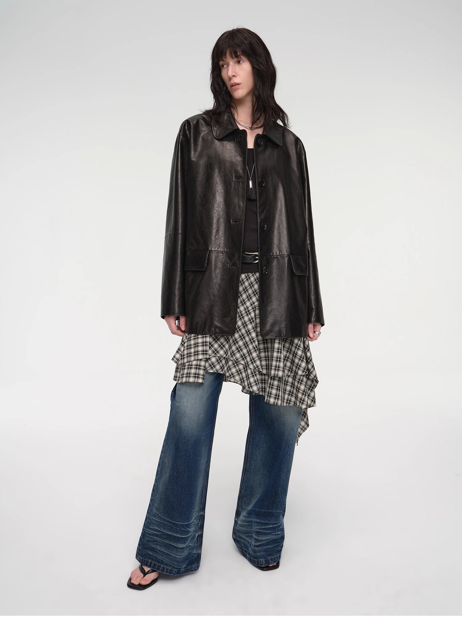 Goatskin simple and versatile retro suit-style leather windbreaker jacket "Fashionable Kosi"-0