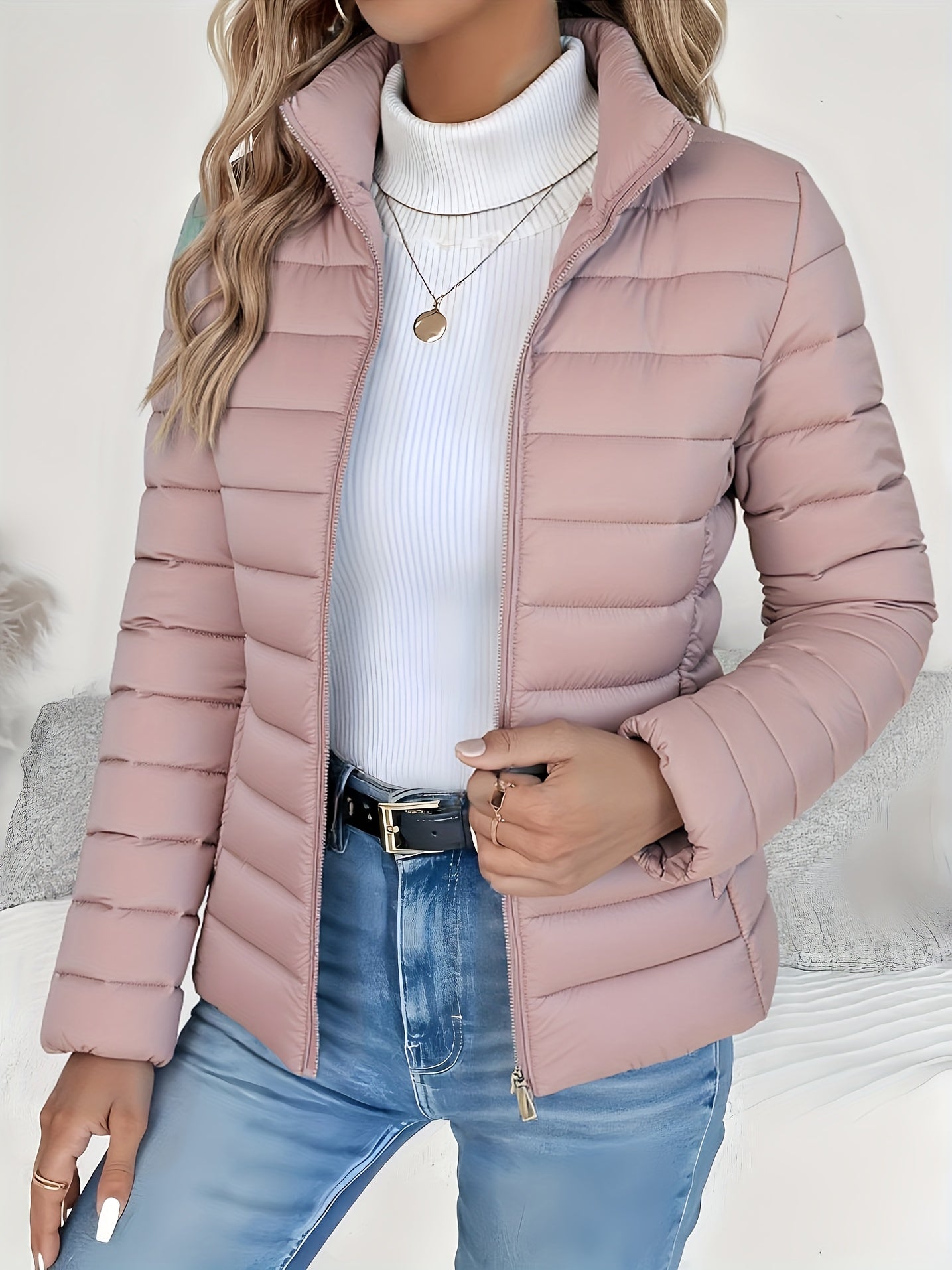 Women's Autumn Loose Winter Lightweight Warm Solid Color Coat - Elegant Fashion Versatile Beautiful Jacket - Stand Collar Zipper Long Sleeve - Casual Padded Overcoat Winter Clothing - Halloween Christmas Gift