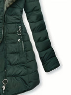 Women's Winter Fleece-Lined Hooded Jacket - Mid-Length Relaxed Fit Coat with Zipper Front, Long Sleeve Casual Outerwear for Cold Weather