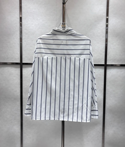 Camicia  ricamata con risvolto da donna a maniche lunghe a righe blu