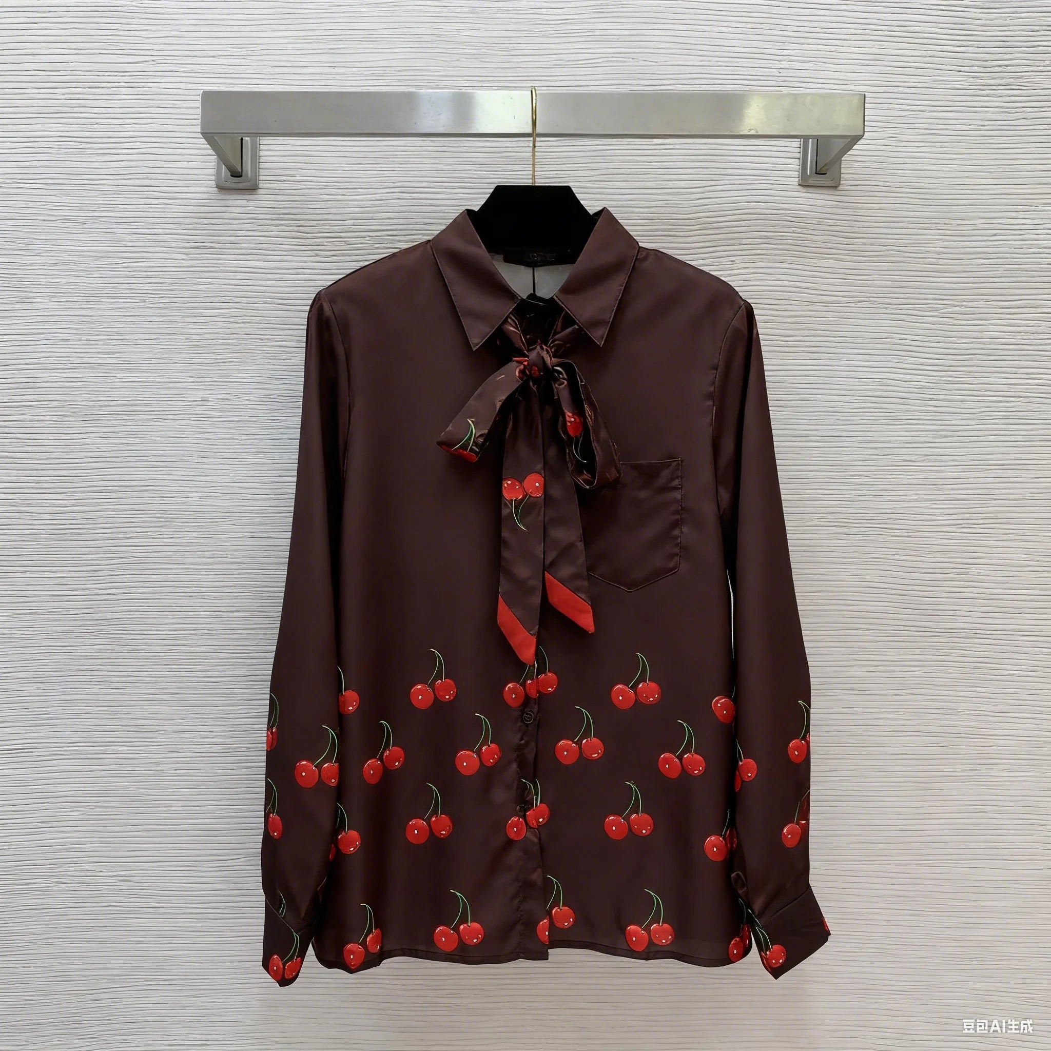 Camicia a maniche lunghe con risvolto abbottonato alla moda allentata con fiocco e stampa ciliegia