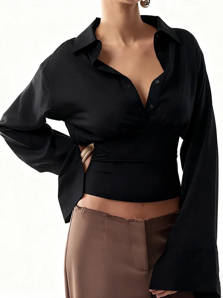 Camicetta con risvolto Donna Monopetto Manica lunga Skinny Tendenza autunnale Top eleganti