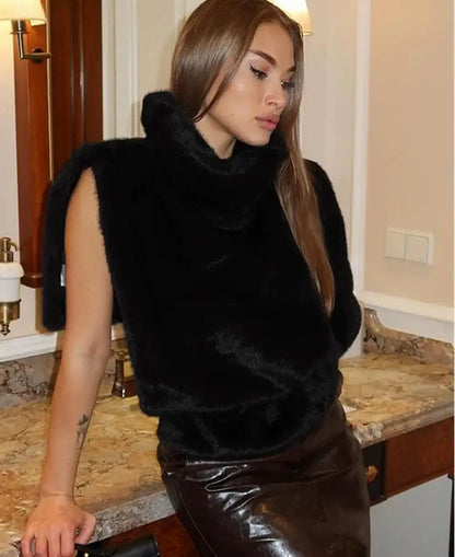 2025 New Fashion Pelliccia sintetica Sable Vest Crop Top Autunno Inverno Dolcevita Eco Pelliccia di visone Canotte Giacca senza maniche Cappotto