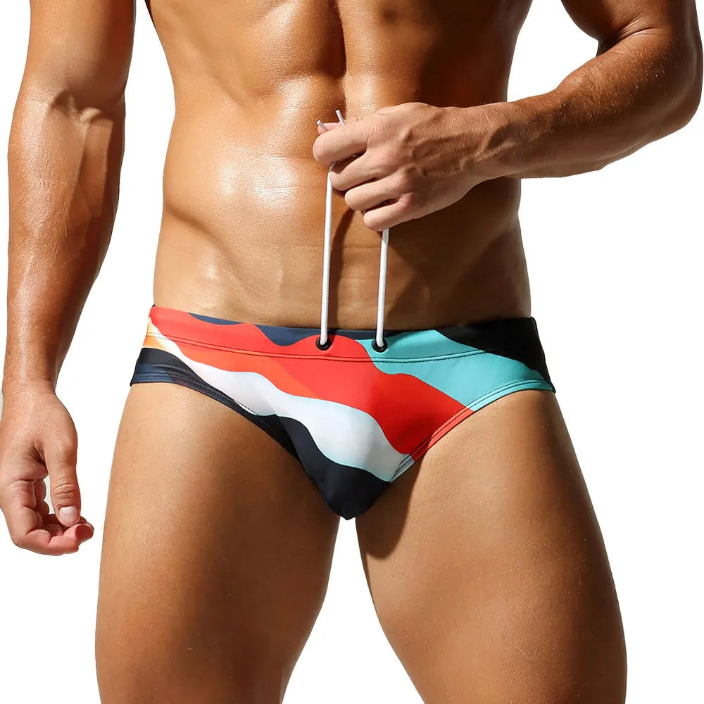 SEOBEAN Men's Camouflage Swim Shorts Low-Waist Quick-Dry with Webbing Straps Fashionable 2026 Triangle Design