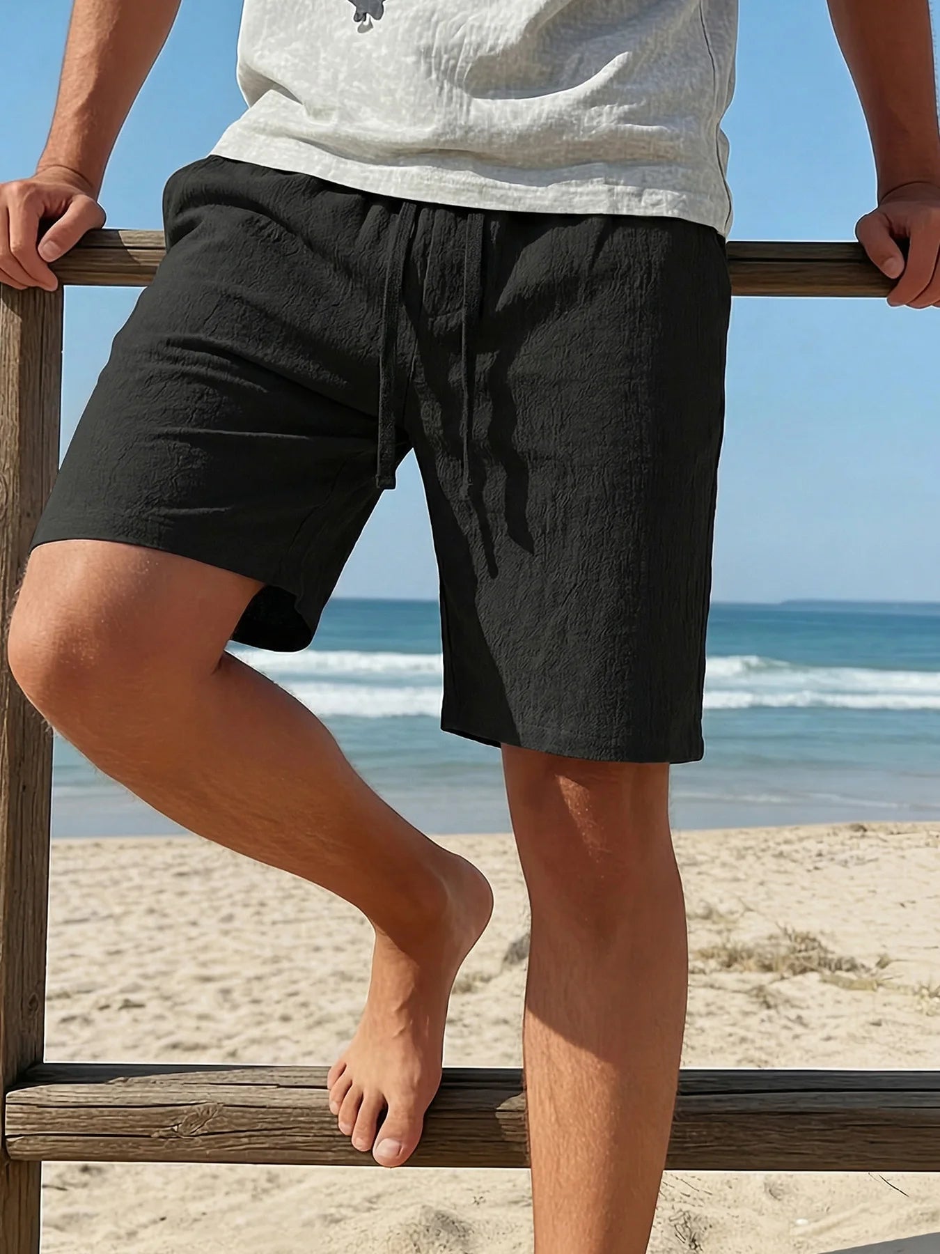 Men's Shorts Summer Lightweight Breathable Casual Beach Style Shorts Basic Solid Color Drawstring Elastic Waist Loose Shorts