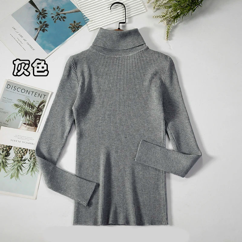 2025 maglione dolcevita da donna semplice pullover moda invernale maglione da donna in maglia elastica top basic femminili neri solidi casual