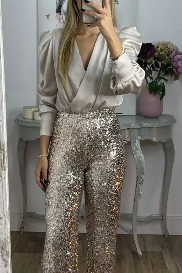 Multicolor Sequin Flared Pants - Women's Slim Fit Party Wear - StepByStepNow