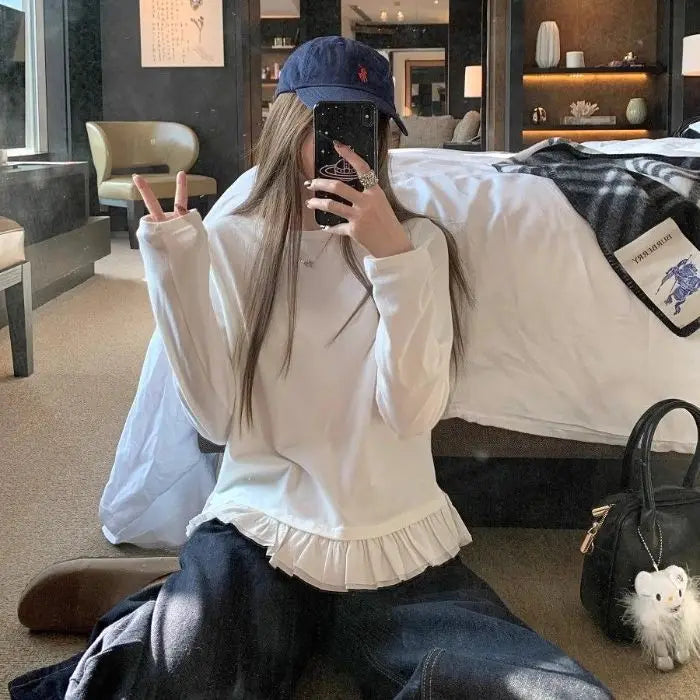 Camicia a maniche lunghe con orlo in pizzo dolce e pieghe Donna Autunno e inverno Sle coreano Semplice e versatile