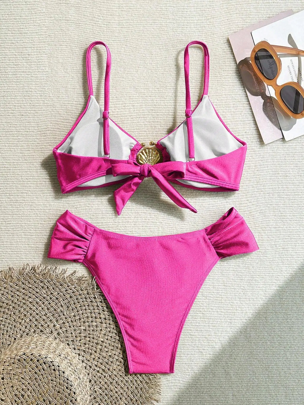 Women's 2026 New Sexy Shell Metal Button Bikini Set Solid Color Push Up Halter Two Piece Swimwear Summer Beach Bathing Suit