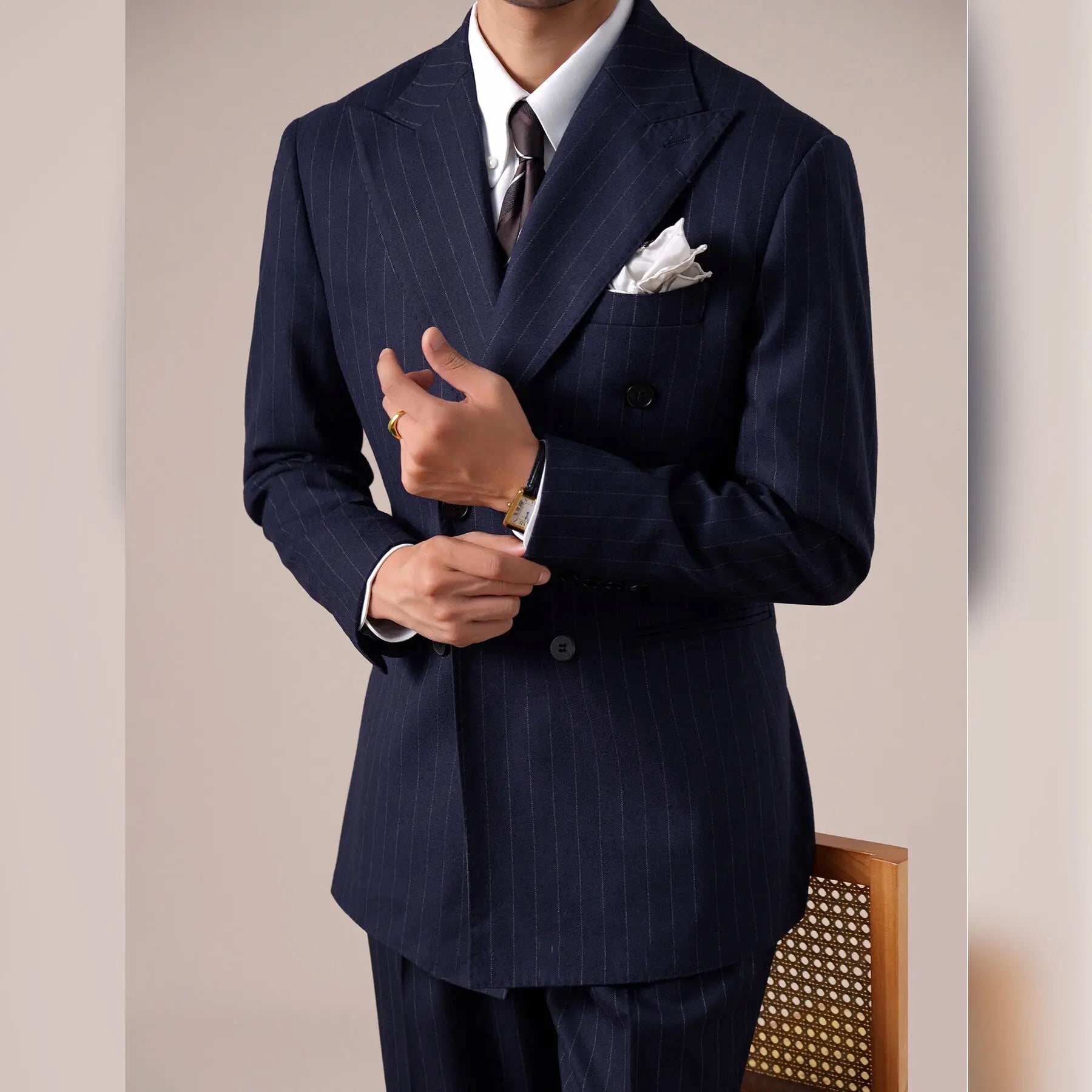 Navy Blue Striped Groom Suit – High Quality Double Breasted 2-Piece Wedding Tuxedo