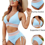 2026 Women's Shoulder High Waist Split Bikini Swimwear Swimsuit Set with Chest Cushion and Adjustable Shoulder Straps