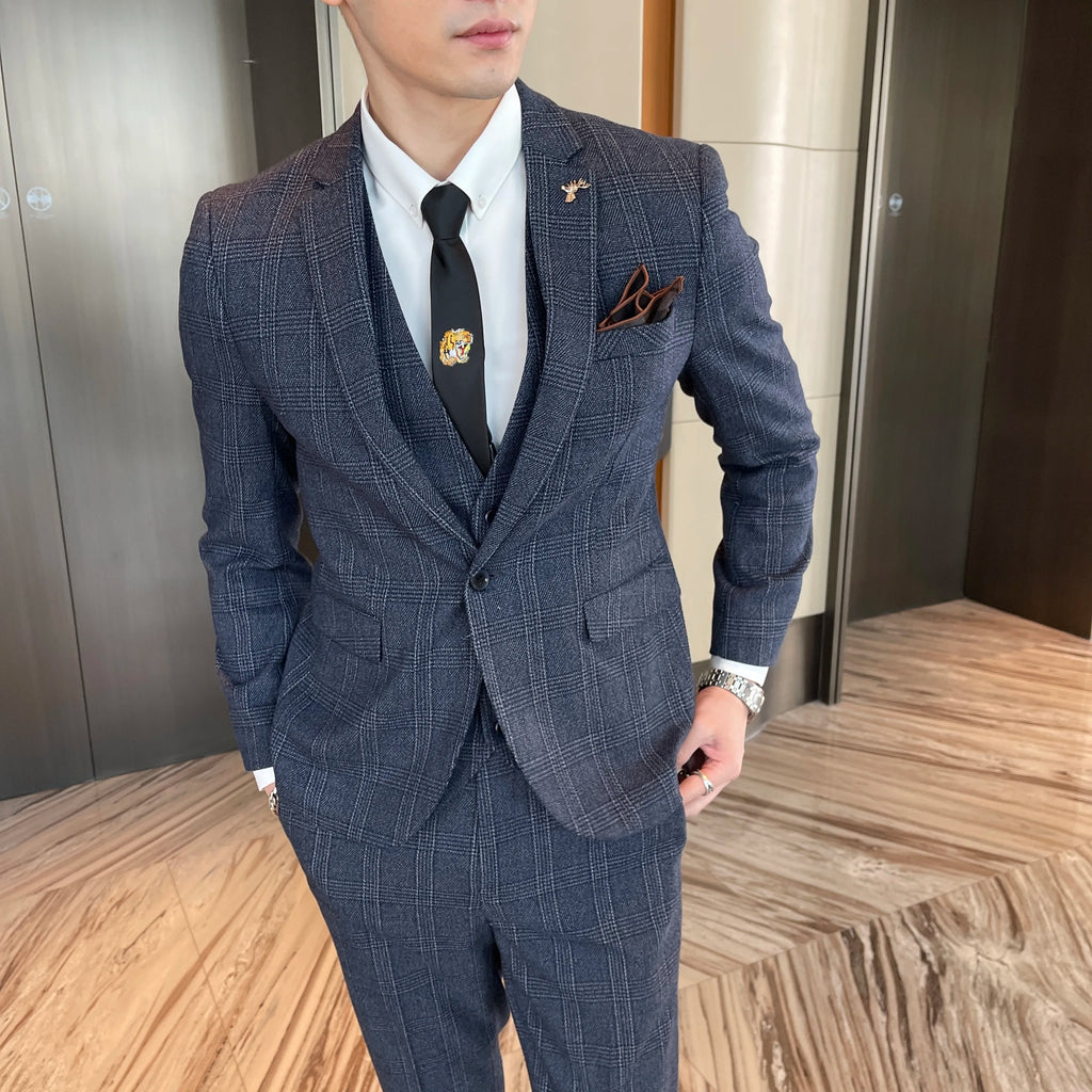 Abito da uomo in tre pezzi scozzese modificato di alta qualità in stile coreano britannico - Set di gilet e pantaloni eleganti da lavoro casual