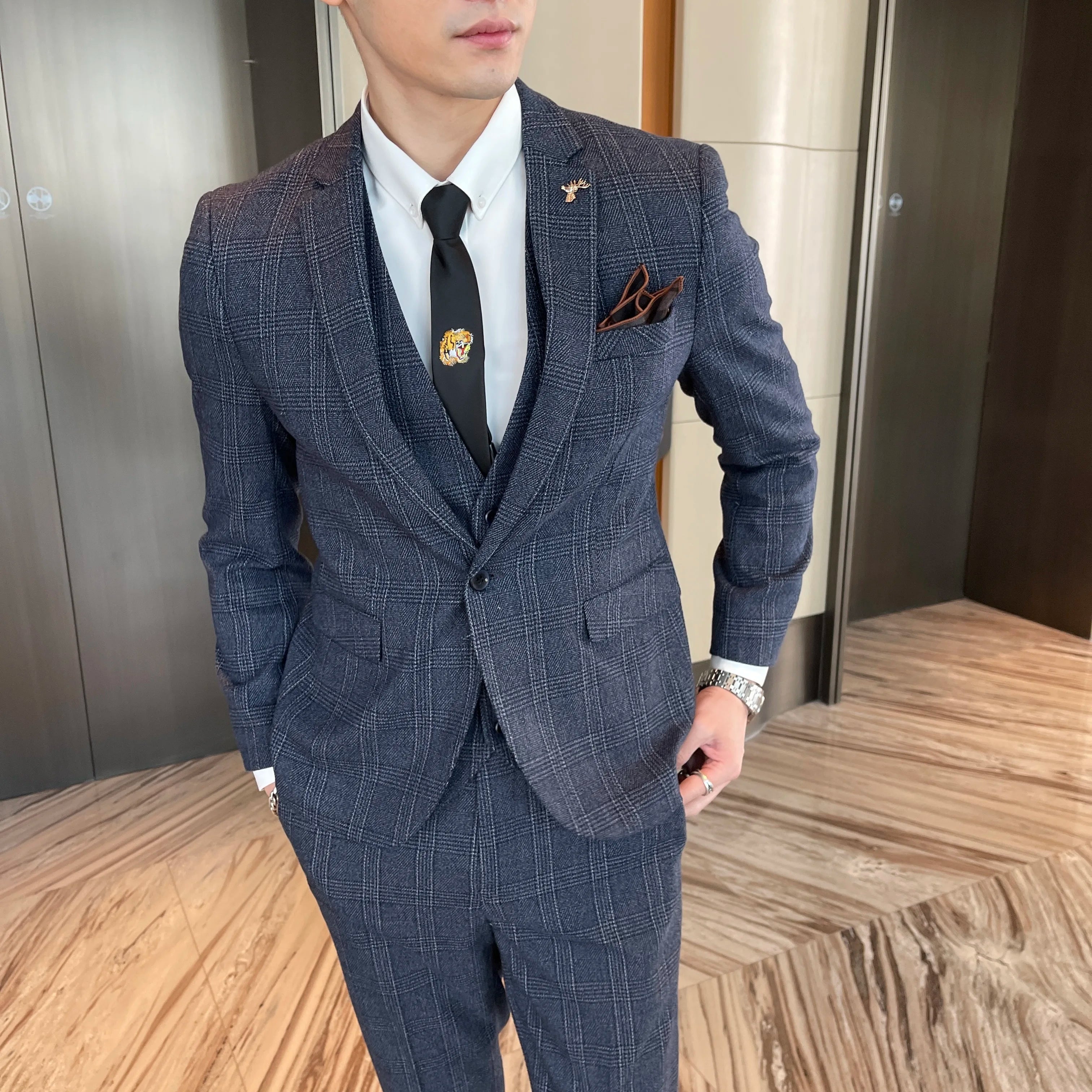 Abito da uomo in tre pezzi scozzese modificato di alta qualità in stile coreano britannico - Set di gilet e pantaloni eleganti da lavoro casual