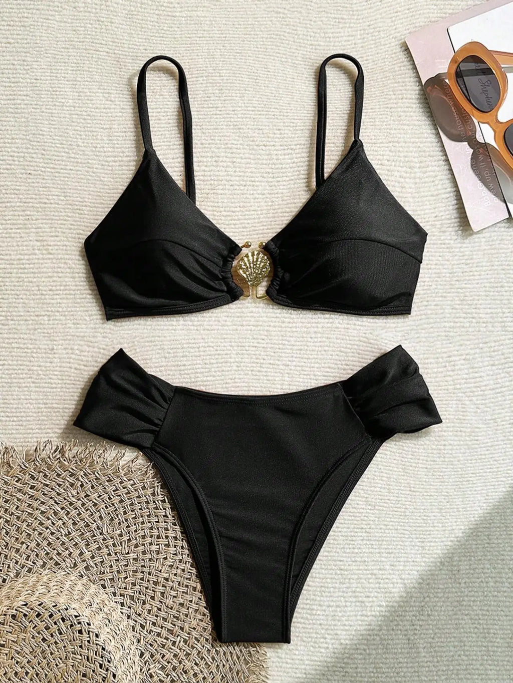 Women's 2026 New Sexy Shell Metal Button Bikini Set Solid Color Push Up Halter Two Piece Swimwear Summer Beach Bathing Suit