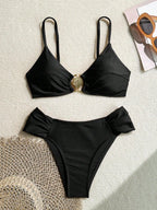Women's 2026 New Sexy Shell Metal Button Bikini Set Solid Color Push Up Halter Two Piece Swimwear Summer Beach Bathing Suit