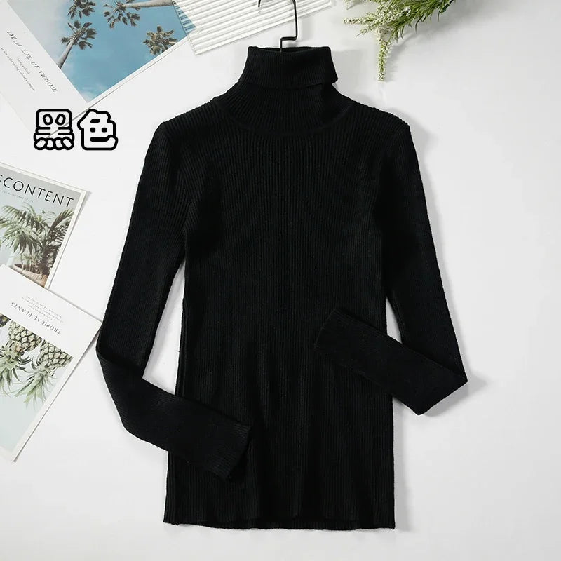 2025 maglione dolcevita da donna semplice pullover moda invernale maglione da donna in maglia elastica top basic femminili neri solidi casual