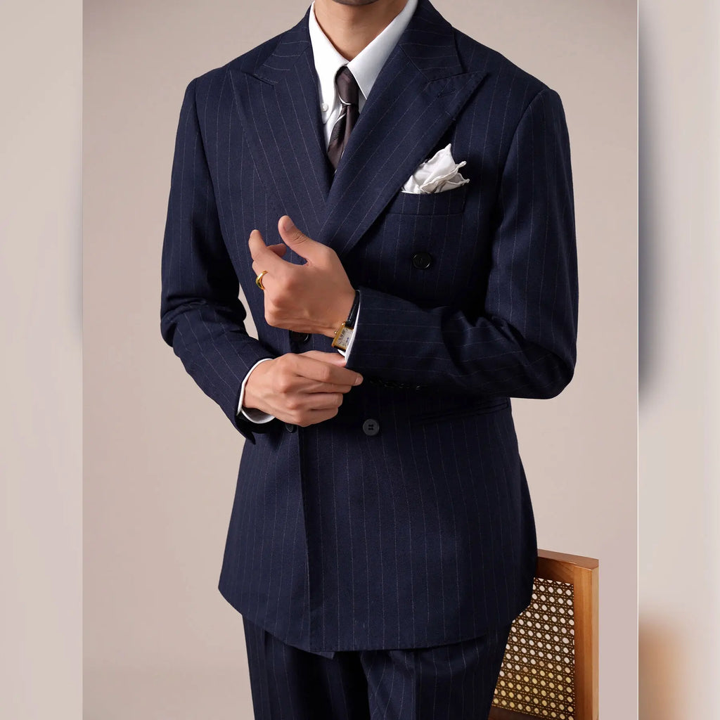 Navy Blue Striped Groom Suit – High Quality Double Breasted 2-Piece Wedding Tuxedo