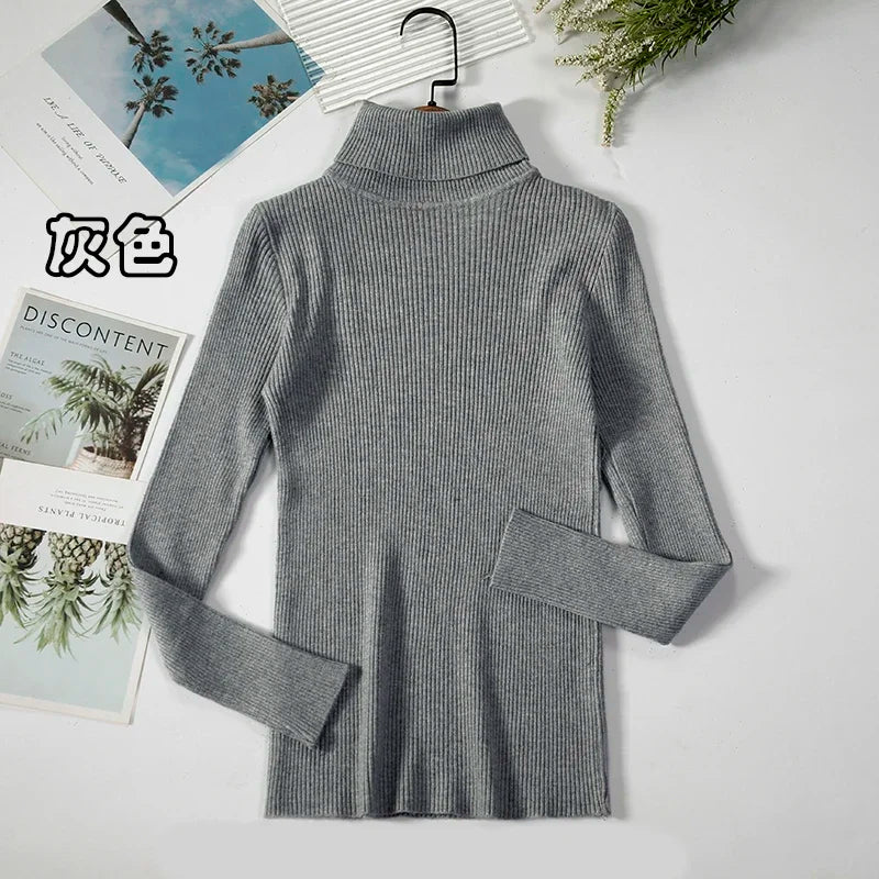 2025 maglione dolcevita da donna semplice pullover moda invernale maglione da donna in maglia elastica top basic femminili neri solidi casual