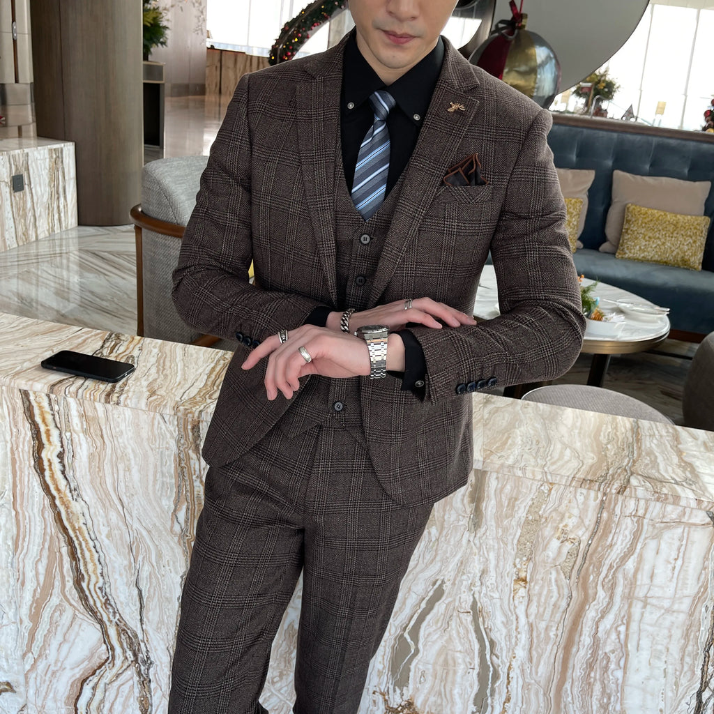 Men's British - Korean Plaid 3 - Piece Suit - Slim Fit Business Set - StepByStepNow