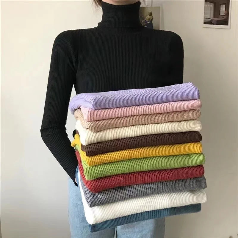 2025 maglione dolcevita da donna semplice pullover moda invernale maglione da donna in maglia elastica top basic femminili neri solidi casual