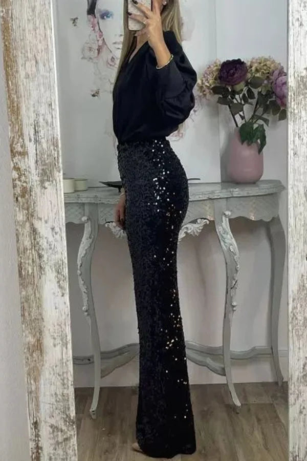 Multicolor Sequin Flared Pants - Women's Slim Fit Party Wear - StepByStepNow