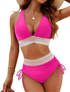 2026 Women's Shoulder High Waist Split Bikini Swimwear Swimsuit Set with Chest Cushion and Adjustable Shoulder Straps