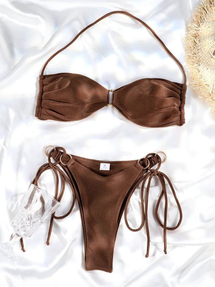 Miyouj Push Up Bikinis Solid Color Swimsuit Women' Swimwear Rings Bikini Bandage Beachwear Two Piece Suit 2026 Sexy Bathing Suit