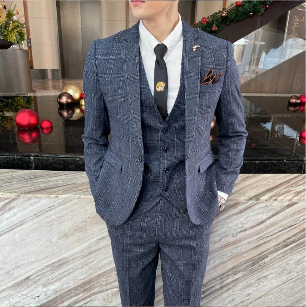 Abito da uomo in tre pezzi scozzese modificato di alta qualità in stile coreano britannico - Set di gilet e pantaloni eleganti da lavoro casual