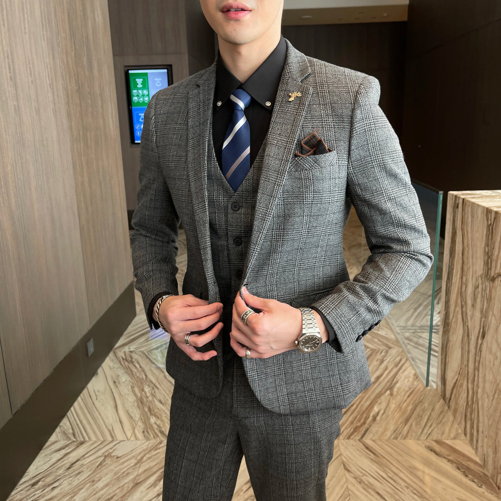 Men's British - Korean Plaid 3 - Piece Suit - Slim Fit Business Set - StepByStepNow