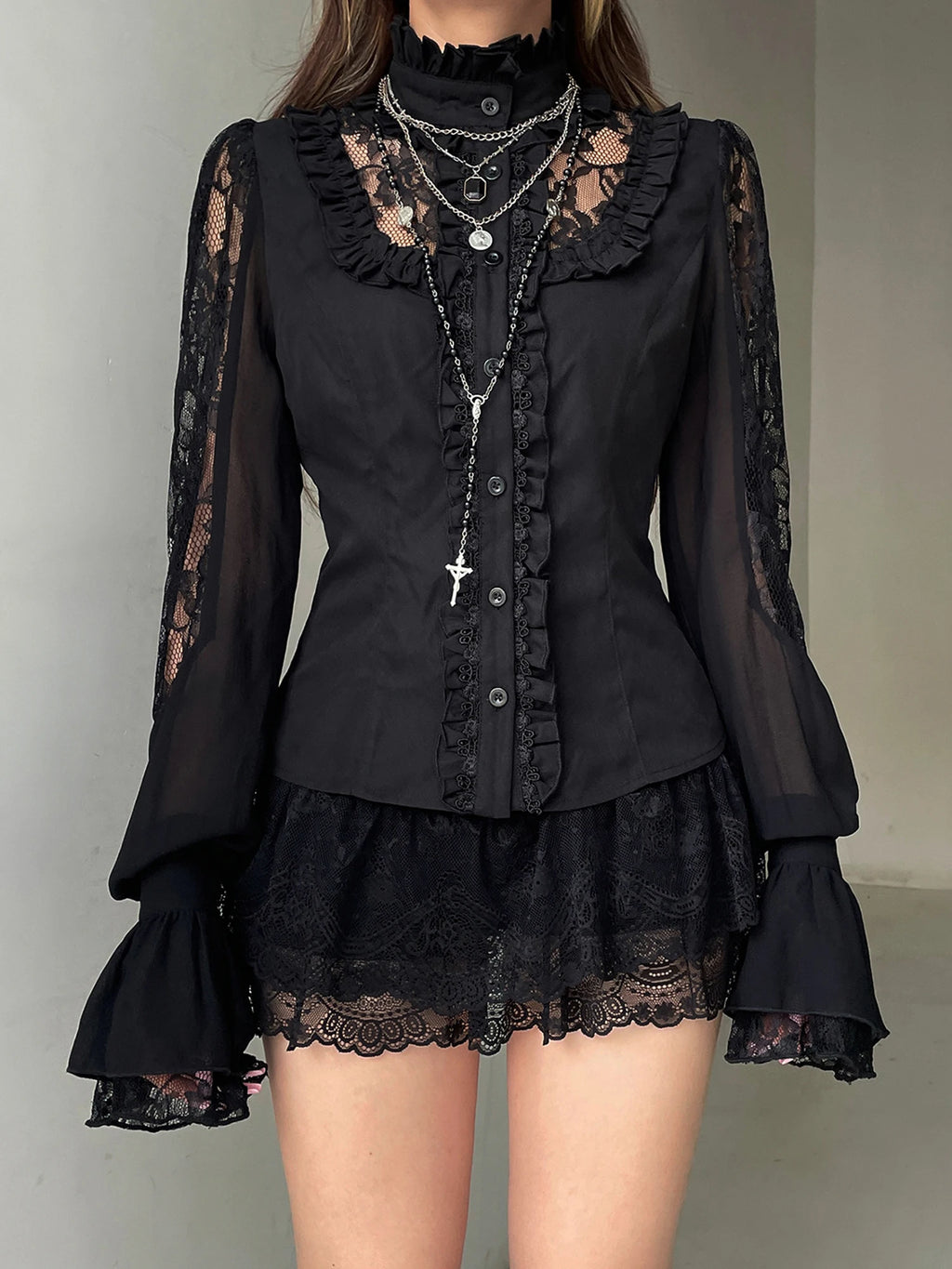 Elegante camicetta ricamata floreale a maniche lunghe con scollo a V Top patchwork in pizzo