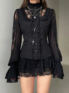 Elegante camicetta ricamata floreale a maniche lunghe con scollo a V Top patchwork in pizzo