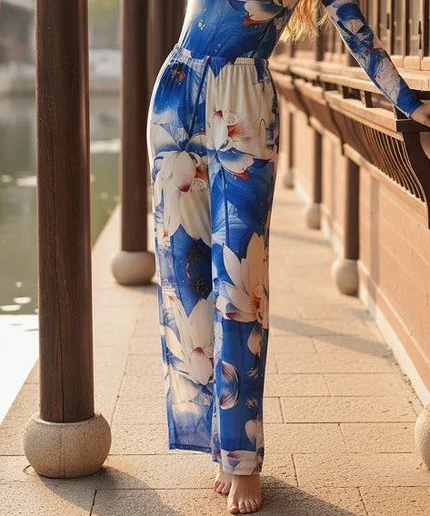Women's Long Sleeve One Piece Swimsuit UPF 50+ Swimwear with Pants Quick-Dry Bathing Suit Floral Beachwear Beach Bathing Suit