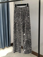 Women's Sparkly Gold Sequin Wide Leg Pants - High Waist Fit