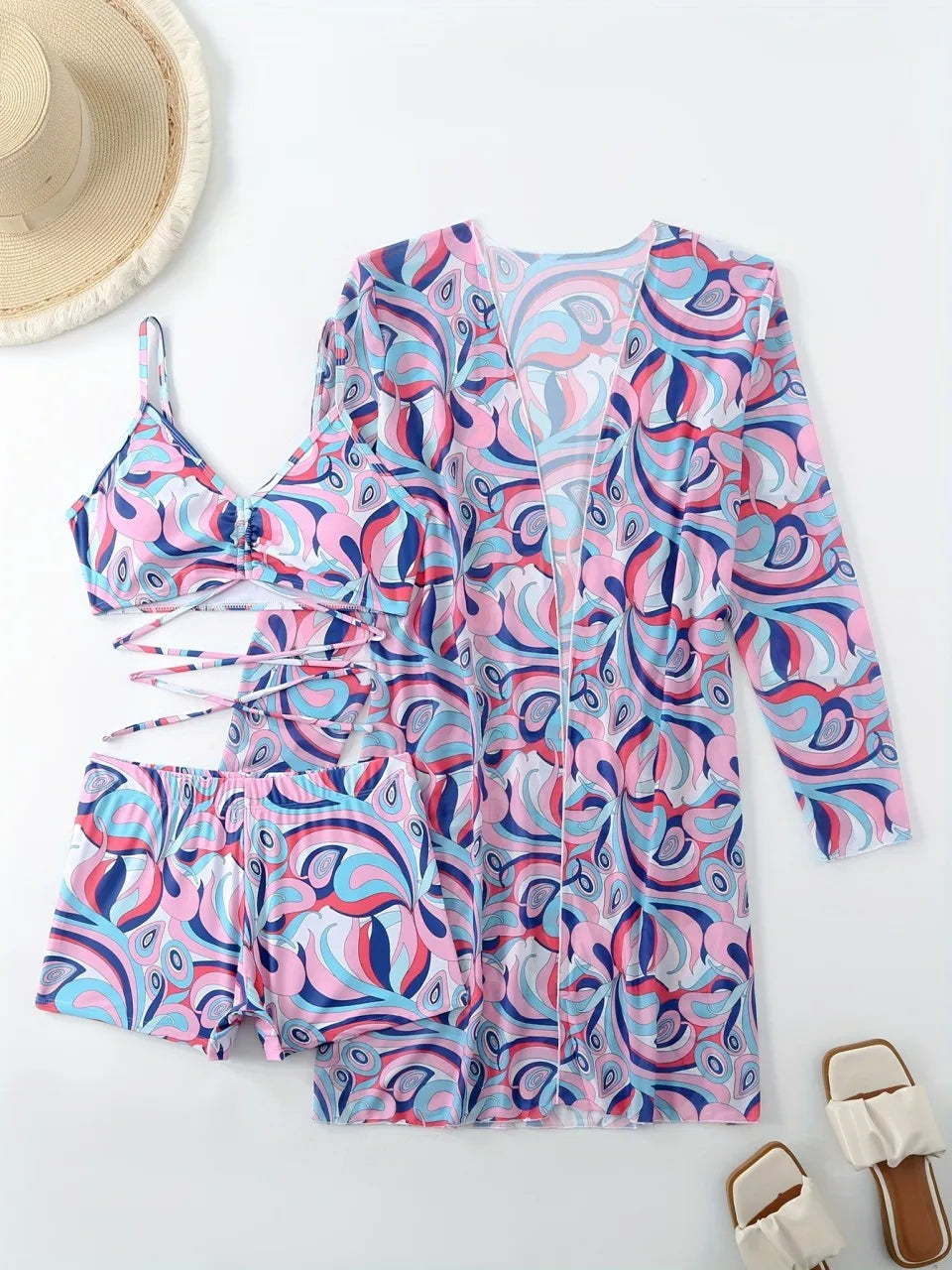 3 Pieces Tie Dye Bikinis Swimsuit 2026 New Women Drawstring Front Swimwear Female High Waist Shorts Bathers Swim Suit Beachwear