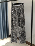 Women's Sparkly Gold Sequin Wide Leg Pants - High Waist Fit