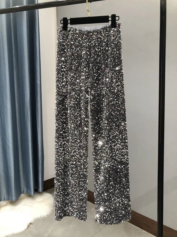 Women's Sparkly Gold Sequin Wide Leg Pants - High Waist Fit