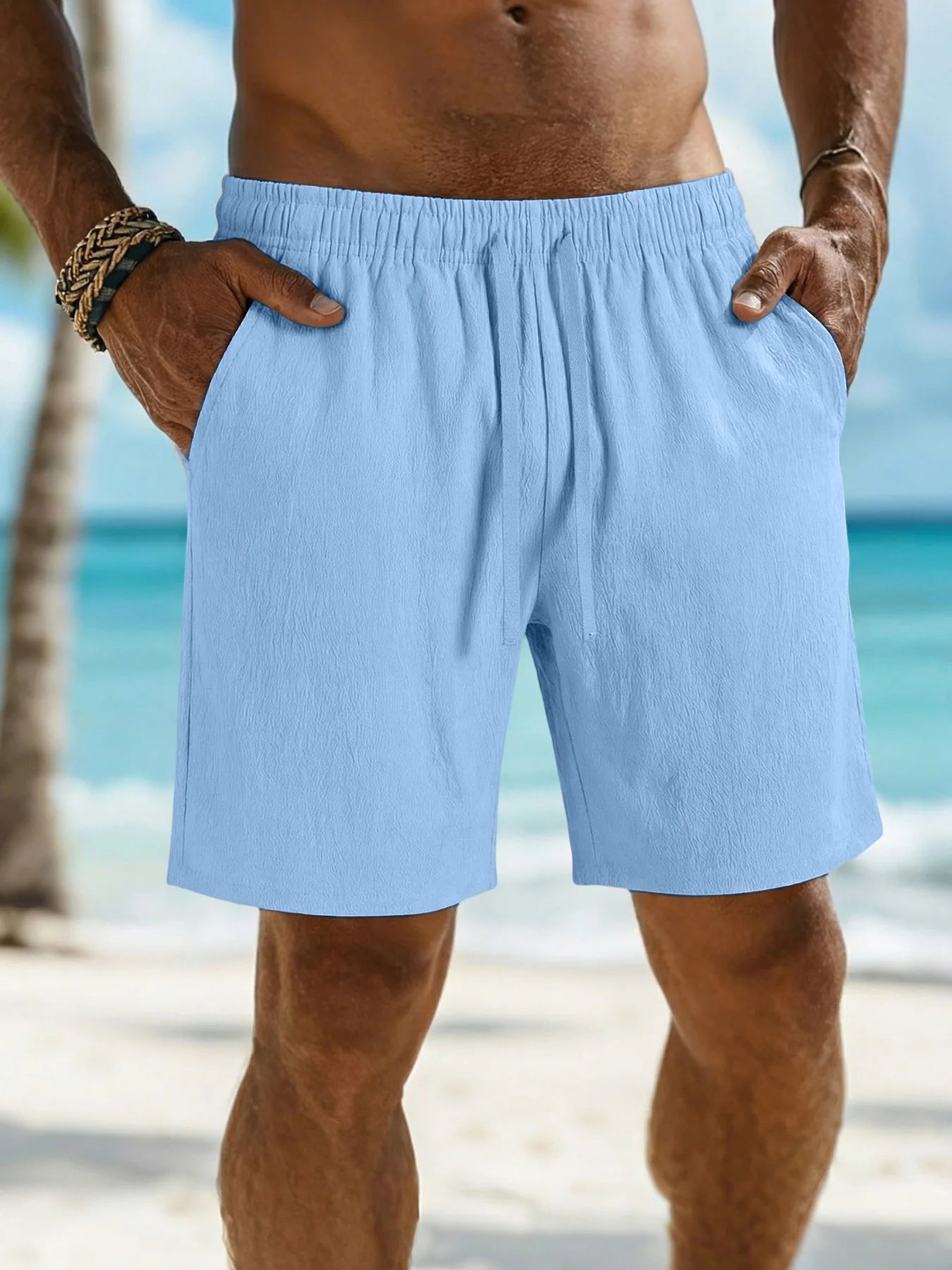 Men's Shorts Summer Lightweight Breathable Casual Beach Style Shorts Basic Solid Color Drawstring Elastic Waist Loose Shorts