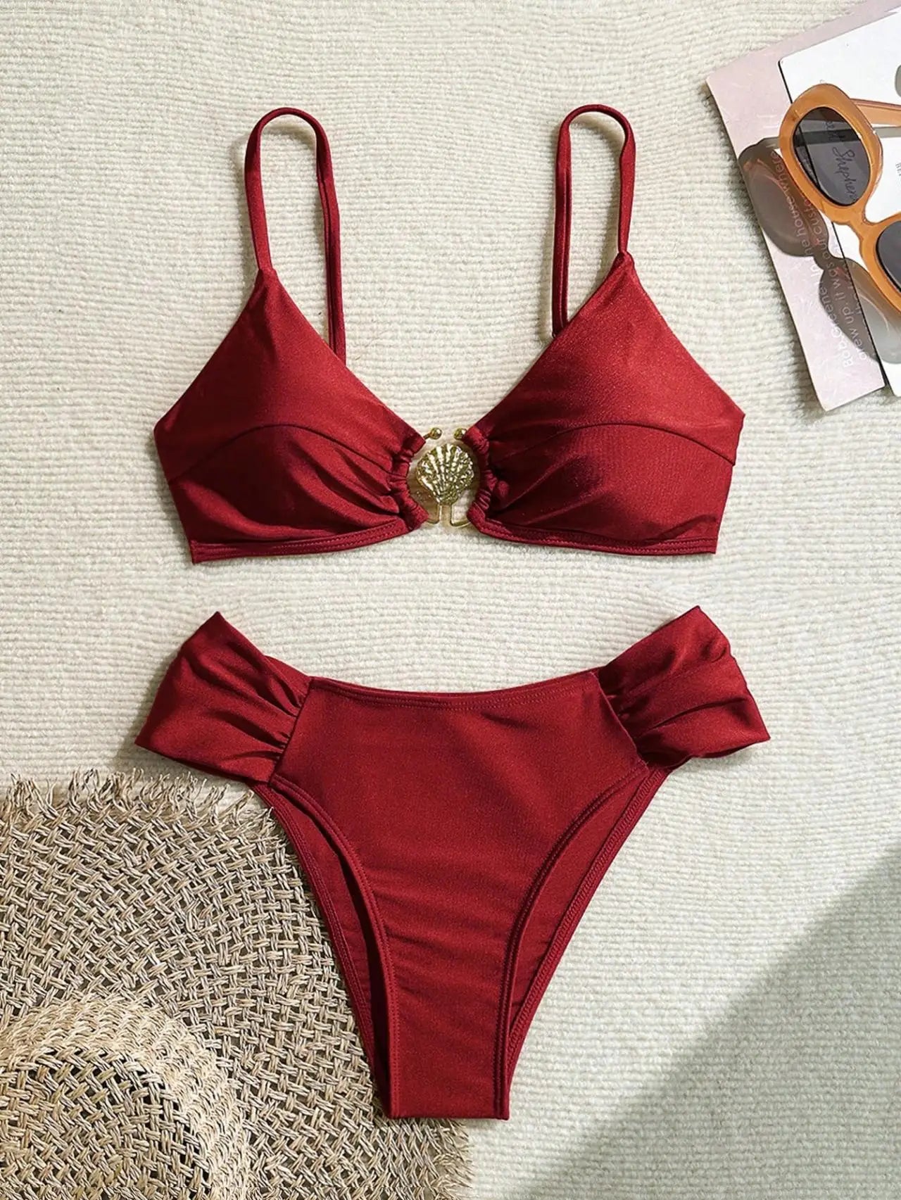 Women's 2026 New Sexy Shell Metal Button Bikini Set Solid Color Push Up Halter Two Piece Swimwear Summer Beach Bathing Suit
